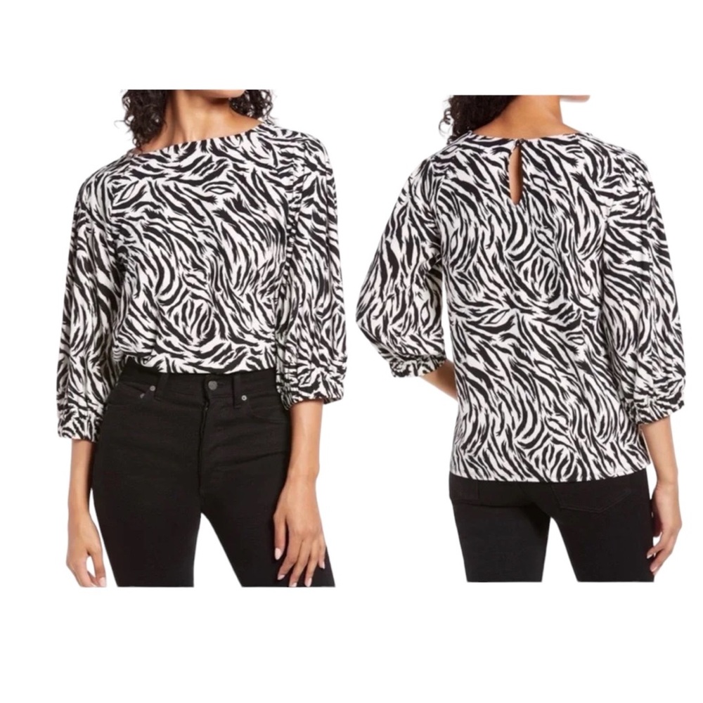 Halogen Ivory & Black Feather Tiger Print Blouse Top Women’s Medium
